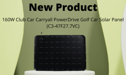 "160W Club Car Carryall PowerDrive Golf Car Solar Panel (C3-47F27.7VC)" text on a green background with a photo of the panel.