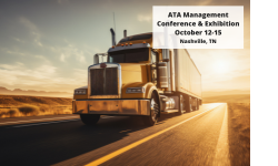 A semi-truck driving on a highway at sunset with text promoting the ATA Management Conference & Exhibition, October 12-15.