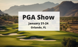 Golf course with mountains in background. Text overlay: "PGA Show, January 21-24, Orlando, FL" on white rectangle