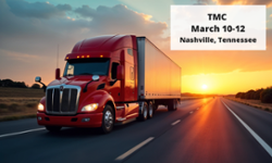 A red semi-truck driving on a highway at sunset, with fields on either side of the road. A white box in the upper right corner reads: 'TMC March 10-12 Nashville, Tennessee.'